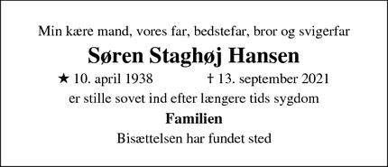 Dødsannoncen for Søren Staghøj Hansen - Skærbæk ved Fredericia 
