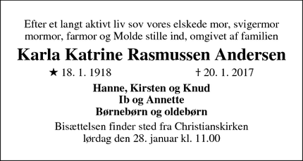 Dødsannoncen for Karla Katrine Rasmussen Andersen - Fredericia