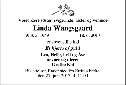 Dødsannoncen for Linda Wangsgaard - Pjedsted