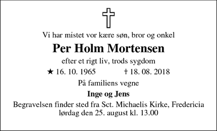 Dødsannoncen for Per Holm Mortensen - Fredericia