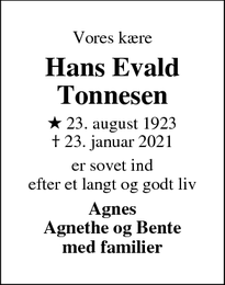 Dødsannoncen for Hans Evald
Tonnesen - Frederiksberg