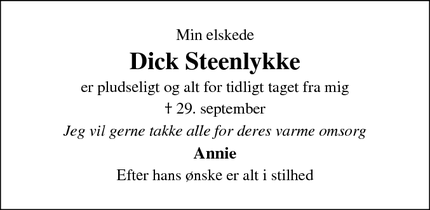 Dødsannoncen for Dick Steenlykke - Frederiksberg