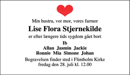 Dødsannoncen for Lise Flora Stjernekilde - Frederiksberg