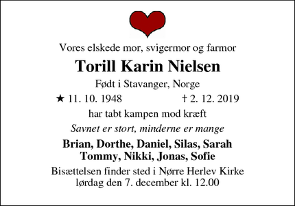Dødsannoncen for Torill Karin Nielsen - Hillerød