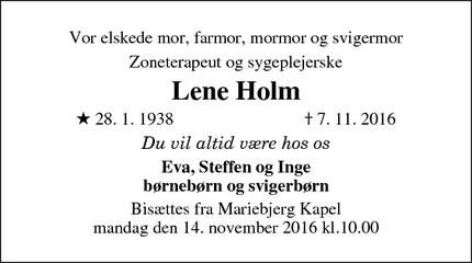 Dødsannoncen for Lene Holm - Kokkedal