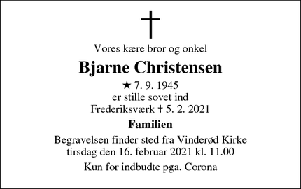 Dødsannoncen for Bjarne Christensen - Frederiksværk