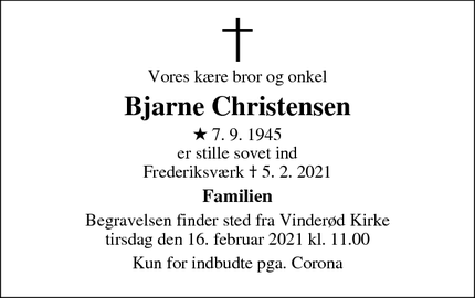 Dødsannoncen for Bjarne Christensen - Frederiksværk