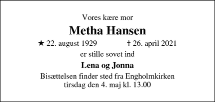 Dødsannoncen for Metha Hansen - Lillerød
