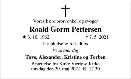 Dødsannoncen for Roald Gorm Pettersen - Værløse