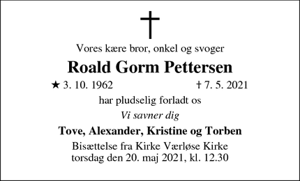 Dødsannoncen for Roald Gorm Pettersen - Værløse
