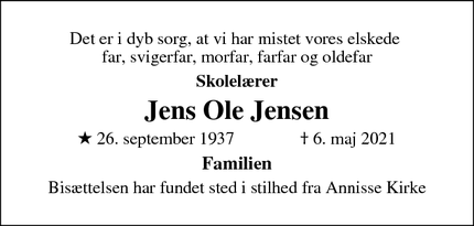 Dødsannoncen for Jens Ole Jensen - Annisse
