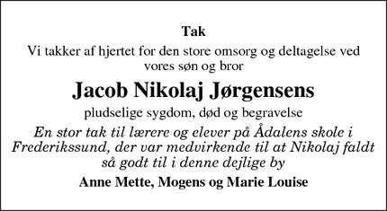 Taksigelsen for Jacob Nikolaj Jørgensens  - Hjørring