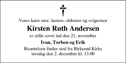 Dødsannoncen for Kirsten Ruth Andersen - Birkerød