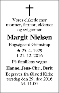 Dødsannoncen for Margit Nielsen - Grimstrup