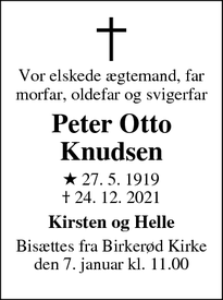 Dødsannoncen for Peter Otto
Knudsen - Hillerød