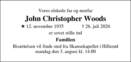 Dødsannoncen for John Christopher Woods - Ved ikke 
