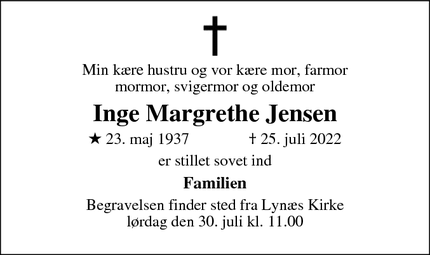 Dødsannoncen for Inge Margrethe Jensen - Hundested