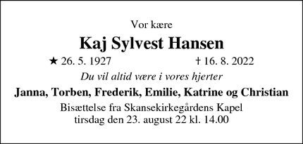 Dødsannoncen for Kaj Sylvest Hansen - Hillerød