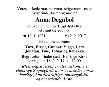 Dødsannoncen for Anna Degnbol - Helsinge