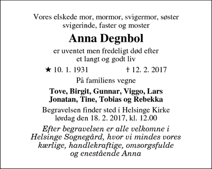 Dødsannoncen for Anna Degnbol - Helsinge