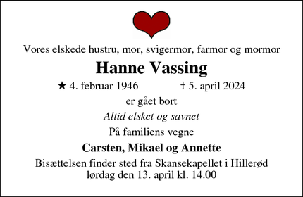 Dødsannoncen for Hanne Vassing - Hillerød