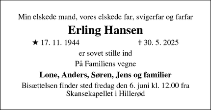 Dødsannoncen for Erling Hansen - Lillerød