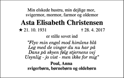 Dødsannoncen for Asta Elisabeth Christensen - Hillerød