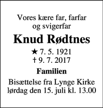 Dødsannoncen for Knud Rødtnes - Lynge