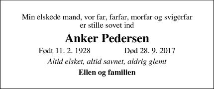 Dødsannoncen for Anker Pedersen - Helsingør