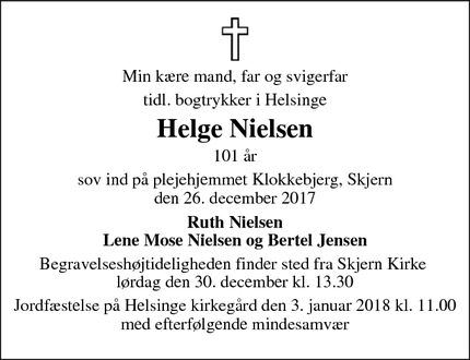 Dødsannoncen for Helge Nielsen - Skjern
