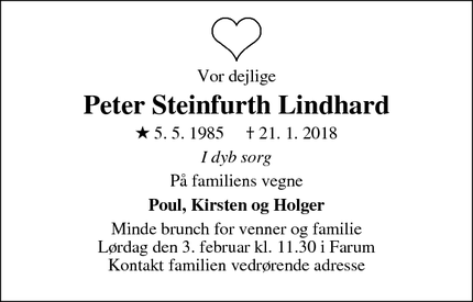 Dødsannoncen for Peter Steinfurth Lindhard - Farum