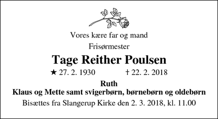 Dødsannoncen for Tage Reither Poulsen - Slangerup