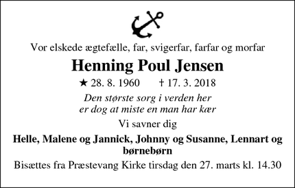 Dødsannoncen for Henning Poul Jensen - Hillerød