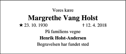 Dødsannoncen for Margrethe Vang Holst - Gilleleje