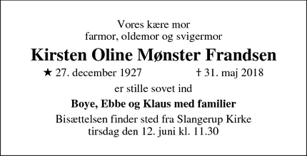 Dødsannoncen for Kirsten Oline Mønster Frandsen - Slangerup