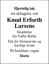 Dødsannoncen for Knud Erforth Larsens - Valby