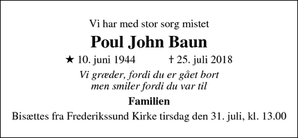 Dødsannoncen for Poul John Baun - Jægerspris