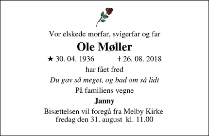 Dødsannoncen for Ole Møller - Melby