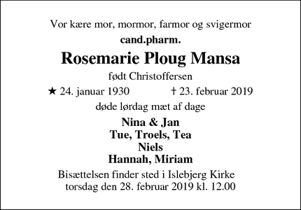 Dødsannoncen for Rosemarie Ploug Mansa - Frederikssund