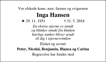Dødsannoncen for Inga Hansen - Stenløse