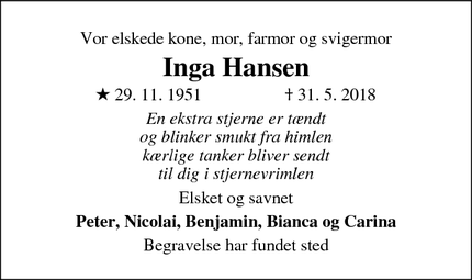 Dødsannoncen for Inga Hansen - Stenløse
