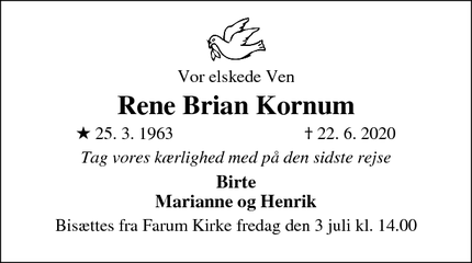 Dødsannoncen for Rene Brian Kornum - farum