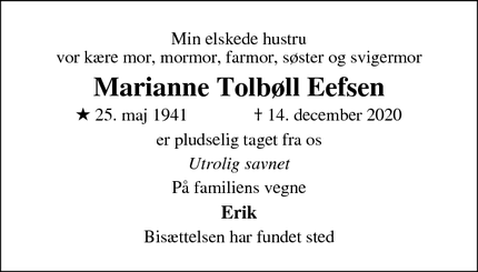 Dødsannoncen for Marianne Tolbøll Eefsen - Værløse
