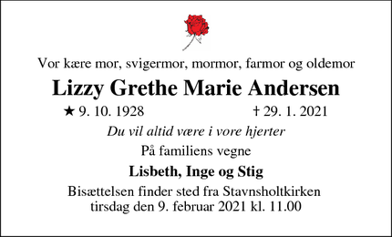Dødsannoncen for Lizzy Grethe Marie Andersen - Farum