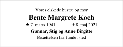 Dødsannoncen for Bente Margrete Koch - Værløse