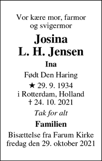 Dødsannoncen for Josina
L. H. Jensen - Farum