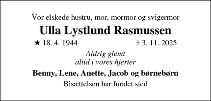 Dødsannoncen for Ulla Lystlund Rasmussen - Farum