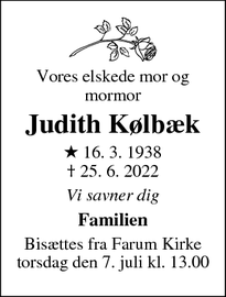 Dødsannoncen for Judith Kølbæk - farum