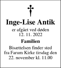 Dødsannoncen for Inge-Lise Antik - Farum