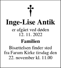 Dødsannoncen for Inge-Lise Antik - Farum
